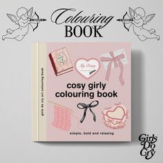 the coloring book for girls is pink and has hearts, angel wings, and other items