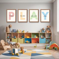 a child's playroom with toys, bookshelves and posters on the wall