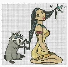 a cross stitch pattern with a woman and a raccoon on the ground next to each other