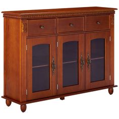 a wooden cabinet with glass doors on the front and bottom, in an antique style