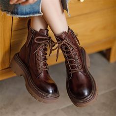 65mm Platform Chunky Lace-Up Combat Boots Women Martin Boots Ankle Boots in Black/Brown/Yellow Cute Brown Boots Short, Cute Brown Boots, Goblincore Boots, Cottagecore Boots, Chunky Lace Up Boots, Combat Boots Women, High Lace Up Boots, Brown Combat Boots, Olive Oyl