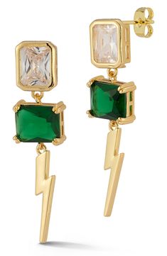 These polished earrings suspend cubic-zirconia stones and thunderbolt drops that bring an edgy vibe to your everyday ensemble. 1.75" drop Post back Rhodium or 18k-gold plate/cubic zirconia Imported Timberland Kids, Trendy Boots, Tom Ford Sunglasses, Flip Flop Slippers, Clutch Pouch, Keep Jewelry, Handbag Backpack, Gold Finish