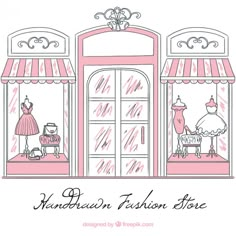 a drawing of a pink store front with mannequins and dresses on display