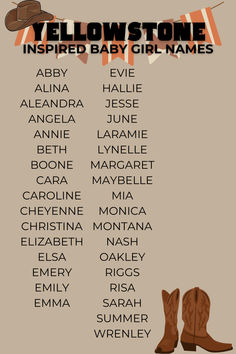 the yellow stone inspired baby girl names are shown in this poster with cowboy boots and flags