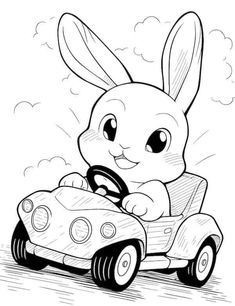 a cartoon bunny driving a toy car