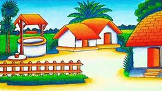 How to draw easy scenery beautiful village scenery drawing step by School Drawing Easy, Village Scene Drawing, Easy Scenery, Village Scenery, Village School, Scenery Beautiful, Challenge Instagram, School Drawing