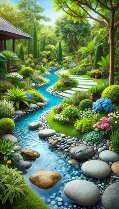 a beautiful garden with rocks and water in the foreground, surrounded by greenery