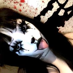 #clown #clowngirl #goth #gothgirl #clownmakeup #halloween #halloweenlook #alternative #altgirl White Base Makeup Ideas, Crazy Goth Makeup, Creepy Goth Makeup, Clown Makeup With Blood, Horror Face Painting, Pretty Ghost Makeup, 2020 Alt Makeup, Emo Clown Makeup, White Base Makeup