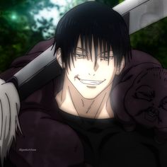 an anime character holding a large knife in his hand and smiling at the camera, with trees behind him