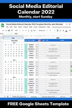 Screenshot of the social media editorial calendar Google Sheets template. On the left are mini calendars, then a list with dates in the adjacent column, and further on the right rows where you can write out your content. Title on card: "Social Media Editorial Calendar 2022, Monthly, Start Sunday". Footer text: "FREE Google Sheets Template" Social Media Editorial, Google Sheets Templates, Google Banner Ads, Creation Activities, Content Calendar Template, Budget Template Free, Medium Blog, Editorial Calendar, Calendar 2022