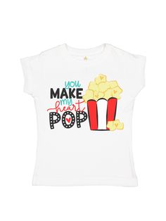 You Make My Heart Pop Girls Valentine's Day Shirt Pop Culture Birthday Tops With Letter Print, Pop Culture Letter Print Tops For Birthday, Pop Culture Letter Print Birthday Tops, Playful Slogan Short Sleeve Tops, Playful Short Sleeve Tops With Slogan, Playful Slogan Top With Short Sleeves, White Pop Culture Slogan Top, Playful Short Sleeve Top For Valentine's Day, Playful Crew Neck Top For Valentine's Day