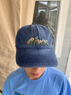 Hand-embroidered Floral Hat, Distressed Garden Hat, Blue Wildflower Hat, Flowered Blue Distressed Baseball Hat, Hiking Flower - Etsy Blue Baseball Cap For Beach, Vintage Adjustable Baseball Cap For Spring, Blue Embroidered Spring Hats, Spring Embroidered Blue Hats, Blue Bohemian Cotton Hat, Embroidered Blue Spring Hats, Whimsical Blue Adjustable Hat, Vintage Snapback Dad Hat For Spring, Whimsical Adjustable Blue Hat