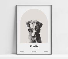 a black and white photo of a dog with the name charlie on it