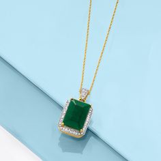 Ross-Simons - 5.50ct Emerald, .25ct t. w. Diamond Pendant Necklace in 14kt Yellow Gold. 18". Emerald lovers will appreciate the value of this impressive jewel. Our pendant necklace frames a 5.50 carat emerald with .25 ct. t. w. round brilliant-cut diamonds. Set in polished 14kt yellow gold with white rhodium around the diamonds to enhance their sparkle and create a two-tone look. Suspends from a rope chain with a lobster clasp. Diamond and emerald pendant necklace. Emerald birthstones are the pe Classic Emerald Necklace With Diamond Accents For Formal Occasions, Classic Emerald Necklace With Diamond Accents For Formal Events, Elegant Brilliant Cut Emerald Necklace For Anniversary, White Gold Diamond Emerald Necklace With Hallmark, Classic White Gold Emerald Necklace With Diamond Accents, Exquisite Emerald Cut Diamond Necklace, 14k Gold Necklace With Emerald Cut Diamond Accents, Emerald Cut Cubic Zirconia Diamond Necklace For Anniversary, Baguette Cut Diamond Emerald Necklace For Anniversary