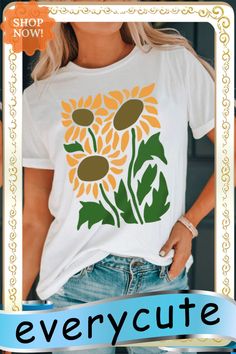 White Sunflower Graphic Print Crew Neck T Shirt Summer Casual T-shirt With Sunflower Print, Summer Crew Neck T-shirt With Plant Print, White T-shirt With Sublimation Print For Spring, Relaxed Fit Sunflower Print Graphic Tee, White Crew Neck Tops With Plant Print, White Floral Print Summer T-shirt, Yellow T-shirt With Plant Print For Summer, Yellow Plant Print Summer Top, White Summer Top With Sunflower Print