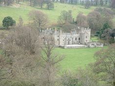 an old castle sits in the middle of a green field surrounded by trees and grass