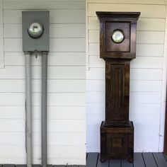 an old grandfather clock sitting on top of a wooden floor next to a new one