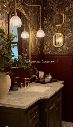 a bathroom with two sinks and a large potted plant in the middle of it