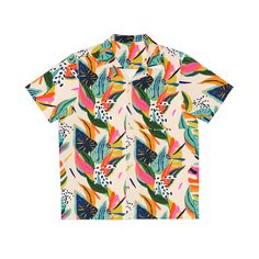 Nothing says "I love summer" like a Hawaiian shirt, and now, you can make this iconic garment even better by adding your own art to it. Made to have a boxy fit and a notch lapel collar that are perfect for any laidback scenario, these shirts come with a handy chest pocket and a 95% polyester and 5% spandex fabric for silky comfort. Choose between black or white buttons & customize it to taste.  .: Material: 95% polyester, 5% spandex .: Medium fabric (7.23 oz/yd²(245 g/m .: Boxy fit .: Chest pock Spring Graphic Print Hawaiian Button-up Shirt, Cotton Tropical Print T-shirt, Hawaiian Style Cotton T-shirt With Tropical Print, Hawaiian T-shirt With Tropical Print And Short Sleeves, I Love Summer, Hawaiian Cotton T-shirt With Tropical Print, Mens Hawaiian Shirts, Spandex Fabric, Hawaiian Shirt