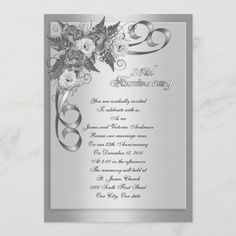 an elegant silver wedding anniversary card with roses and swirls on the front, in black and white