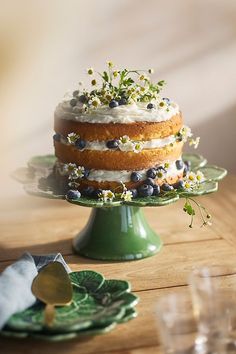 a cake sitting on top of a green plate covered in frosting and blueberries