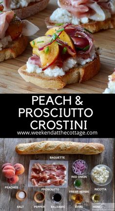 peach and prosciutto crostini with goat cheese on toasted bread