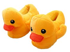 a pair of yellow slippers with a rubber ducky face on the soles