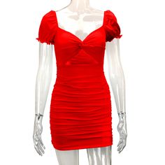 Red Cotton Blend Cut-out Smocked Bodycon Dress Red Ruched Stretch Mini Dress, Summer Ruched Puff Sleeve Bodycon Dress, Solid Color Ruched Bodycon Dress For Spring, Fitted Mini Dress With Smocked Bodice For Date Night, Red Smocked Bodice Mini Dress For Summer, Red Mini Dress With Smocked Bodice For Summer, Casual Stretch Mini Dress With Ruched Bodice, Summer V-neck Bodycon Dress With Ruched Bodice, Red Fitted Dress With Smocked Bodice