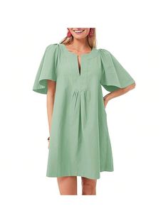 About this itemThe Wenrine womens flutter sleeve mini dress features an loose fit, allowing for a relaxed and comfortable feel. The loose and flowy silhouette not only provides freedom of movement but also adds a trendy and effortless touch to your overall look. Whether you're running errands or enjoying a summer day out, this dress will keep you comfortable and stylish.Pleated shoulders on this dress add a unique and stylish detail. They create a subtle texture that elevates the overall design Solid Color Short Sleeve Maternity Summer Dress, Casual Flowy V-neck Dress With Flutter Sleeves, Flowy V-neck Dress With Ruffle Hem And Short Sleeves, Green Non-stretch Short Sleeve Maxi Dress, Casual Green V-neck Smocked Dress, Flowy Summer Dresses, Short Sleeve Mini Dress, Mini Dress Casual, Dress For Short Women