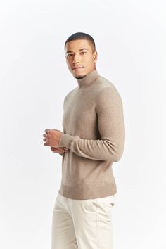 Men's Cashmere Basic Mock Neck Sweater Taupe - Gobi Cashmere Winter Cashmere Turtleneck, Casual Beige Turtleneck With Ribbed Cuffs, Casual Long Sleeve Cashmere Turtleneck, Beige Long Sleeve Turtleneck With Ribbed Cuffs, Casual Cashmere Turtleneck With Ribbed Collar, Classic High Neck Sweater With Ribbed Collar, Beige Cashmere Polo Sweater For Winter, Winter Beige Cashmere Polo Sweater, Classic Cashmere Turtleneck For Winter