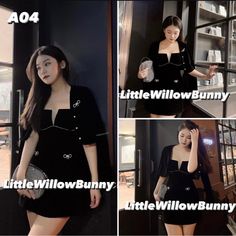 three pictures of a woman in short black dresses and heels, with the caption little willow bunny