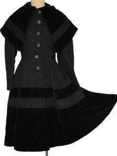 This is a gorgeous late 1940s to early 1950s Lilli Ann black wool and silk velvet princess coat. Beautiful medium weight soft black wool with black silk velvet panels on the cape collar and skirt as pictured. Oversize cape collar as pictured. Princess seaming, nipped waist and full flaring skirt to accommodate your fluffiest skirts. Hidden side seam hip pockets. Does up the center front with six black buttons as pictured. Lined with thick black satin which appears to be silk. LABELS: Import / Fabric of France / Lilli Ann - AND - An Original From Lilli Ann of San Francisco There is also a Coat and Suit Industry Label as pictured. CONDITION: Flawless with no issues at all. There are no stains, holes, rips, tears, snags, fading, discoloration, odors or other issues. SIZING: There are no size Cape Collar, Lilli Ann, Princess Coat, Fluffy Skirt, Velvet Coat, Silk Wool, Suits Coats, Historical Clothing, Silk Velvet