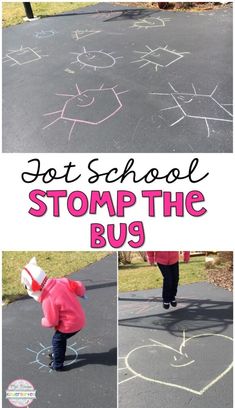 two photos with the words stop the bus written in chalk