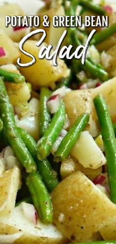 potato and green bean salad on a white plate with the words potato & green bean salad