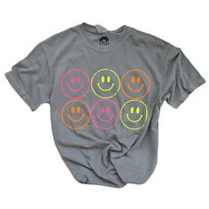 🛒Our trendy and comfortable unisex distressed oversized neon smiling face t-shirt is perfect for the summer and a must-have for your wardrobe! The vibrant colors and fun design will show off your bright personality. 📦 FREE SHIPPING on orders $35 or more to US shoppers 👕Brand = Comfort Colors 🧵Fabric = 100% Cotton ✂️Design = Heat-applied vinyl (Distressed vinyl design) �🎨Color = Gray (Colors will vary from computer to computer and monitor to monitor. The colors shown may not be an exact repre Neon Tshirt, Neon T Shirt, Preppy Shirts, Smiley Face Tshirt, Smiley Face Shirt, Preppy Shirt, Neon Shirts, Comfort Colors Tshirt, Distressed Shirt