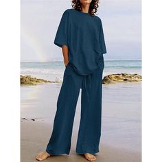 Season:Summer,Spring; Fabric:Cotton And Linen; Sleeve Length:Half Sleeve,Long Sleeve; Gender:Women's; Nightwear Style:Loungewear,Sets; Style:Basic; Elasticity:Micro-elastic; Tops Type:T Shirt; Occasion:Street,Daily; Function:Breathable; Pattern:Pure Color; Design:Pocket,Elastic Waist; Neckline:Crew Neck; Bottom Type:Pant; Listing Date:04/26/2024; Hips:; Length [Bottom]:; Length [Top]:; Waist:; Bust:; Sleeve Length: Metallic Jeans, Jeans Overall, Half Sleeve Tops, Jeans Cargo, Casual Belt, Cardigan Sweater Dress, Maxi Robes, Blazer And Shorts, Loungewear Sets