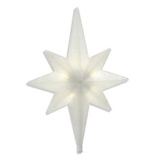 a white christmas star ornament with lights on the top and bottom, set against a white background