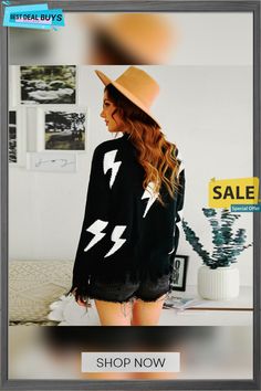 Long Sleeve Lightning Pattern Sweater Women Casual Hem Tassel Round Neck Pullover Sweater Spring Long Sleeve Sweater With Tassels, Fall Tassel Long Sleeve Sweater, Casual Winter Sweater With Tassels, Spring Long Sleeve Sweater With Fringe, Spring Fringe Long Sleeve Sweater, Spring Long Sleeve Fringe Sweater, Trendy Fringe Sweater For Fall, Black Long Sleeve Tops With Tassels, Casual Long Sleeve Fringe Sweater