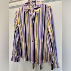 St. John Satin Blend Blouse In Nwot. This Blouse Has Buttons Down In Vibrant Multi Colors. Pair This Up With Slacks Or With Your Favorite Blazer. Size Small Measurements: Pit To Pit 17 Inches Length: 25 Inches Ships In 1 Day Purple Long Sleeve Formal Top, Purple Formal Shirt For Spring, Purple Fitted Button-up Blouse, Purple Button-up Blouse For Formal Occasions, Fitted Purple Shirt For Office, Chic Purple Collared Shirt, Purple Long Sleeve Blouse For Work, Chic Purple Office Tops, Chic Purple Shirt For Office