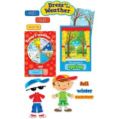 Use this fun and interactive set to teach about weather, seasonal changes, and dressing appropriately for different types of weather. This 57-piece set contains: • 1 window (12" x 17.5") and 4 seasonal scenes • a weather spinner • 4 season titles • 4 temperature words • 1 dress-up kid (8.75" x 13.5") • 41 pieces of clothing, shoes, and accessories Includes 4-page activity guide with display ideas, activities, and a reproducible. Perfect for use during circle time each morning. Pieces vary in size from 3" to 17.5". Weather Bulletin Board, Poetry Bulletin Board, Dress For The Weather, Colorful Bulletin Boards, Camping Theme Classroom, Weather Theme, Creative Teaching Press, Todays Weather, Bulletin Board Sets