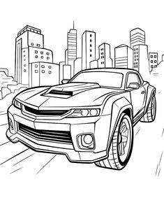 a cartoon car driving through the city with skyscrapers in the background coloring pages for kids