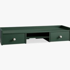 a green desk with two drawers on the bottom and one drawer open to show its contents