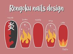 Demon Slayer Nails Inosuke, Demon Slayer Nails Rengoku, Rengoku Inspired Nails, Demon Slayer Nails Short, Nail Designs Demon Slayer, Rengoku Nail Art, Atla Inspired Nails, Demon Slayer Themed Nails, Doma Nails