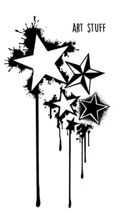 black and white ink splattered stars against a white background with spray paint on them