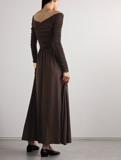 ALTUZARRA Charlotte off-the-shoulder ruched stretch recycled-jersey maxi dress | NET-A-PORTER Brown Stretch Dress For Formal Occasions, Formal Brown Stretch Dress, Brown Draped Evening Dress, Elegant Draped Brown Dress, Elegant Brown Draped Dresses, Elegant Minimalism, Charlotte Dress, Maxi Jersey Dress, A Romantic