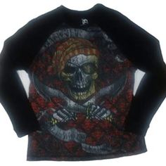 Skully Thermal Longsleeve Evil Pirate Graphic T-Shirt Mens Black Large Black Long Sleeve Tops With Skull Print, Long Sleeve Tops With Skull Print, Black Skull Print Top For Winter, Winter Black Tops With Skull Print, Casual Long Sleeve Skull Print T-shirt, Casual Long Sleeve T-shirt With Skull Print, Long Sleeve Skull Print T-shirt For Fall, Fall Skull Print Long Sleeve T-shirt, Evil Pirate