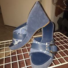 Coach Platform Wedge Heels In Blue With Blue Leather Trim, Accent Ring Buckle And Suede Covered Platform Wedge Heel. Style: Meredith Size: 8.5 Heels Measures: 4" Never Worn. Come From Smoke Free And Pet Free Home. Blue Wedge Heel Sandals With 4-inch Heel, Blue Slip-on Wedge Sandals, Blue High Heel Wedge Sandals For Casual Wear, Coach Spring Wedge Sandals, Coach Spring Wedge Heel Sandals, Coach Wedge Sandals For Spring, Blue 4-inch Wedge Heels, Casual Coach High Heels, Coach Wedge Heels For Spring