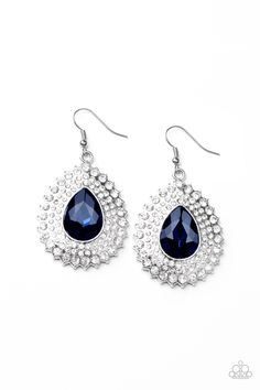 A blue teardrop gem is pressed into the center of a teardrop silver frame radiating with ripples of glassy white rhinestones, creating a dynamic dazzle. Earring attaches to a standard fishhook fitting.

 Sold as one pair of earrings. Sapphire Blue Earrings, Live Text, Halo Earrings, Fish Hook Earrings, Paparazzi Accessories, White Rhinestone, Blue Jewelry, Rhinestone Bead, Paparazzi Jewelry