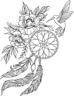 a black and white drawing of a bird with flowers in it's beak, holding a dream catcher