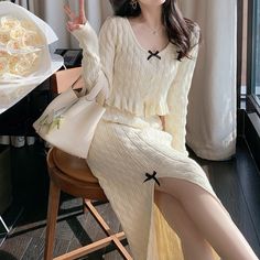 Color: Beige, Size: Free Size Apricot Sweater, Knit Two Piece Set, Knit Sleeve, Princess Style, Knit Set, Fit Style, Womens Fall, Y2k Fashion, Long Skirt